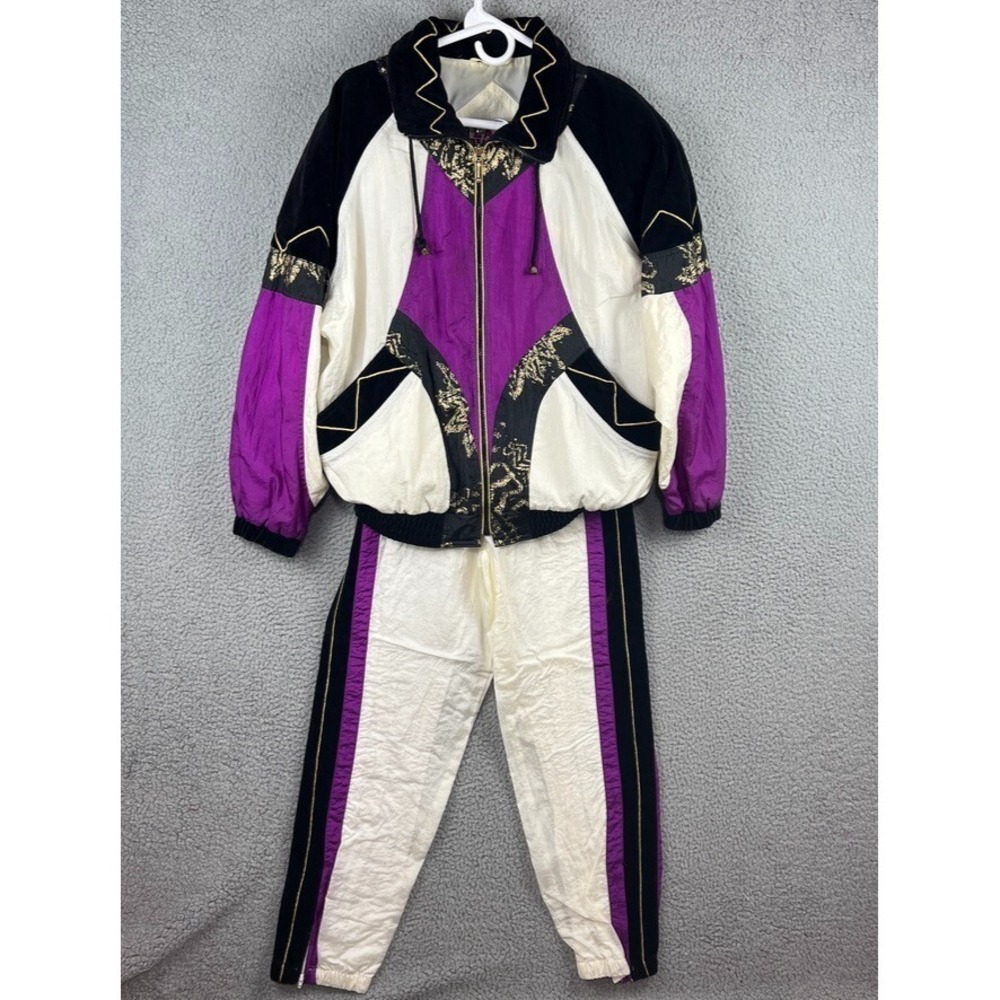 Vintage East West Nylon 80's Retro 2 Piece Purple‎ Multi Color Block Tracksuit S